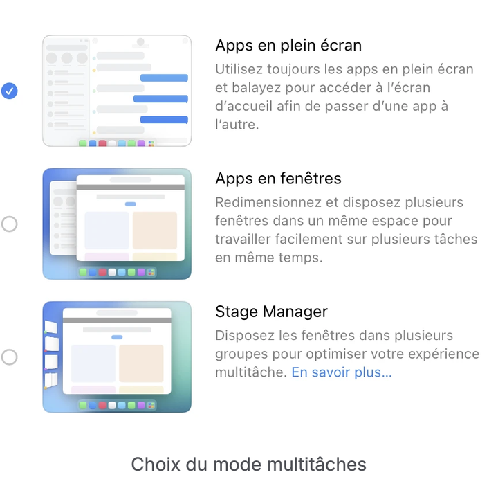 Configuration requise : rotation déverrouillée et mode « Apps en plein écran » activé (Réglages → Multitâches et gestes).