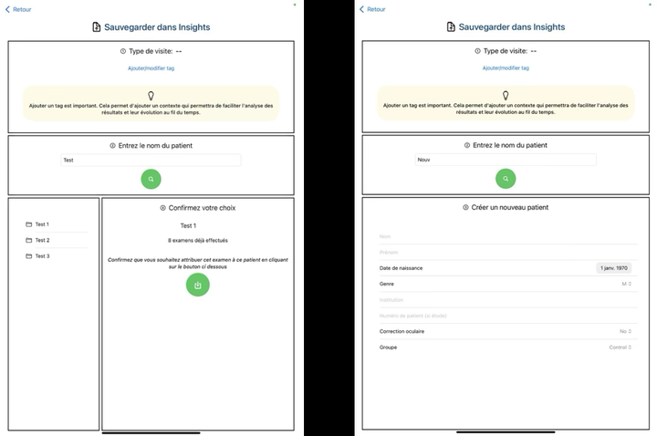Formulaire de sauvegarde : attribution du test à un patient.