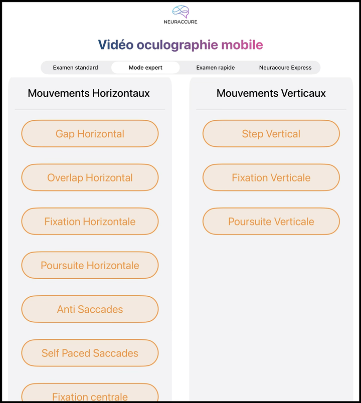 Menu des paradigmes de vidéo-oculographie disponibles.