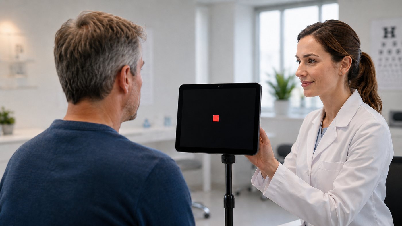 Professionnel de santé réalisant une évaluation avec un patient sur iPad